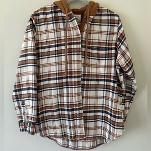American Eagle Outfitters Plaid Hoodie Shirt - Brown and White